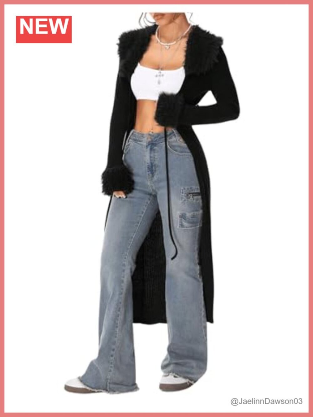 Fuzzy Faux Fur Trim Open Front Long Cardigan Soft Stretchy Knit